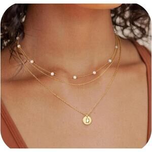 Layered Pearl Necklaces for Women - Initial Necklaces, Dainty Gold Letter D I3